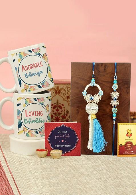 Set Of 2 Rakhi Coffee Mugs Greeting Card And Roli Chawal Gift Set