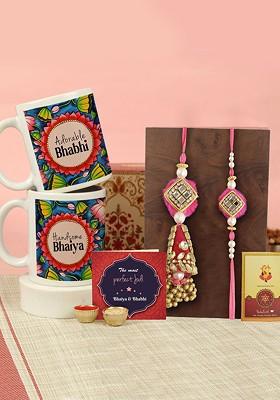 Set Of 2 Stone Stone Studded Beaded Rakhi And Coffee Mugs Gift Hamper
