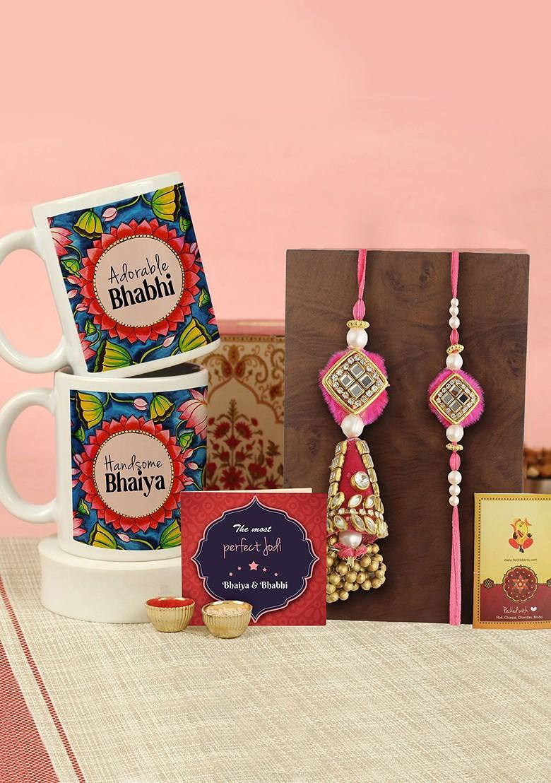 Set Of 2 Stone Stone Studded Beaded Rakhi And Coffee Mugs Gift Hamper