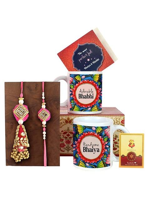 Set Of 2 Stone Stone Studded Beaded Rakhi And Coffee Mugs Gift Hamper