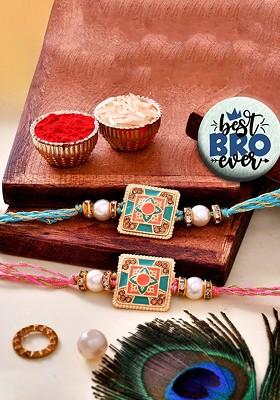 2 Pcs Rakhi For Brother With Fridge Magnet And Roli Tilak Gift Set