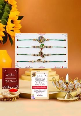 Set Of 4 Rakhi With Lotus Diya And Greeting Card And Roli Chawal Gift Set