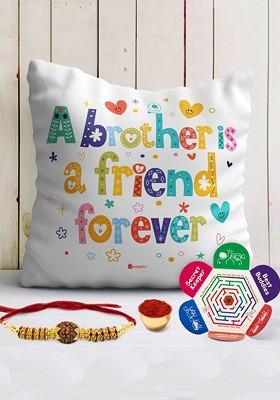 A Brother Is A Friend Forever Printed Cushion Mug And Rakhi Gift Set