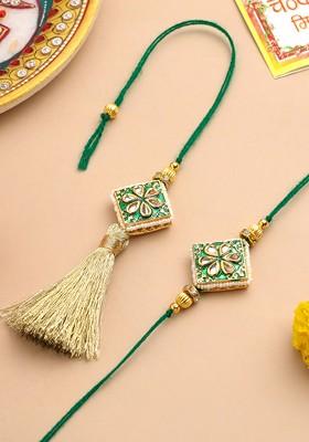 Set Of 2 Green Kundan Studded Bhaiya Bhabhi Rakhi Set With Roli Chawal
