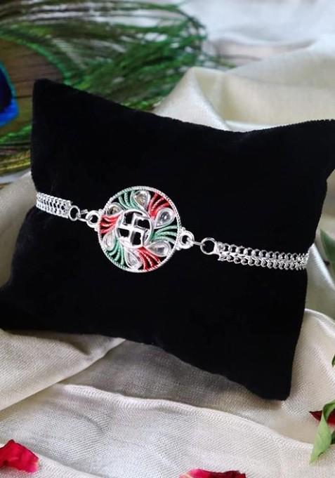 Flower Design Rakhi With Baby Buddha Silver Coin And Greeting Card For Brother