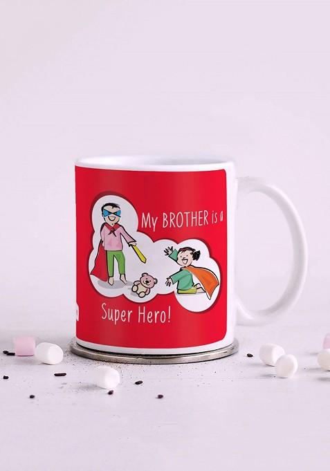 My Brother Is A Superhero Printed Ceramic Coffee Mug And Rakhi Gift Set
