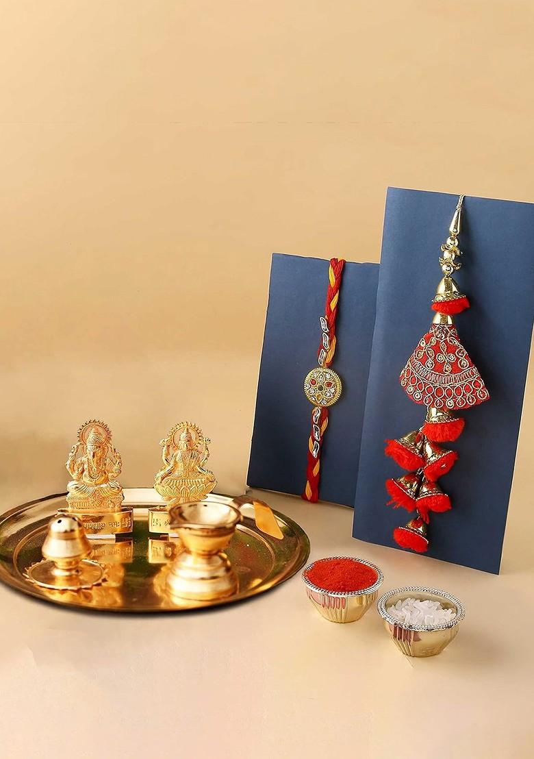 Set Of 2 Rakhi With Pooja Thali Gift Set