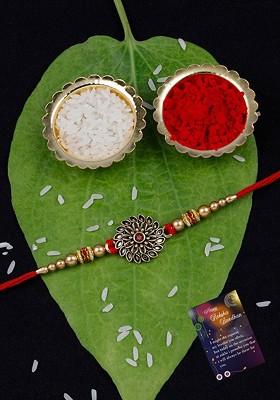 Unisex Set Of 2 Rakhi For Bhabhi Bhaiya With Pooja Thali Set