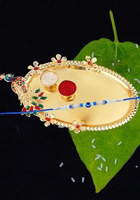 Evil Eye Beaded Bhaiya Rakhi Roli Chawal And 1 Greeting Card With Pooja Thali