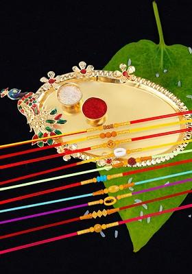 Set Of 10 Bhabhi Bhaiya Rakhi Roli Chawal And 1 Greeting Card With Pooja Thali