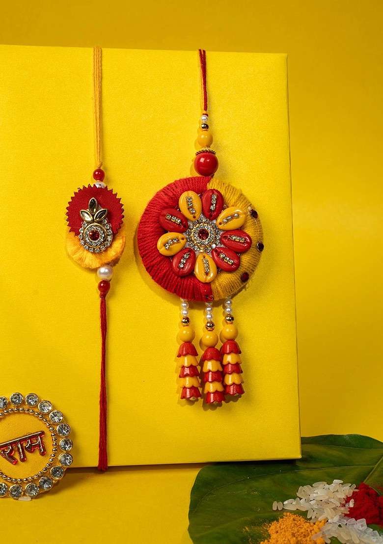 Set Of 2 Gold Plated Stone Studded Bhaiya Bhabhi Embellished Rakhi And Roli Chawal - Indya