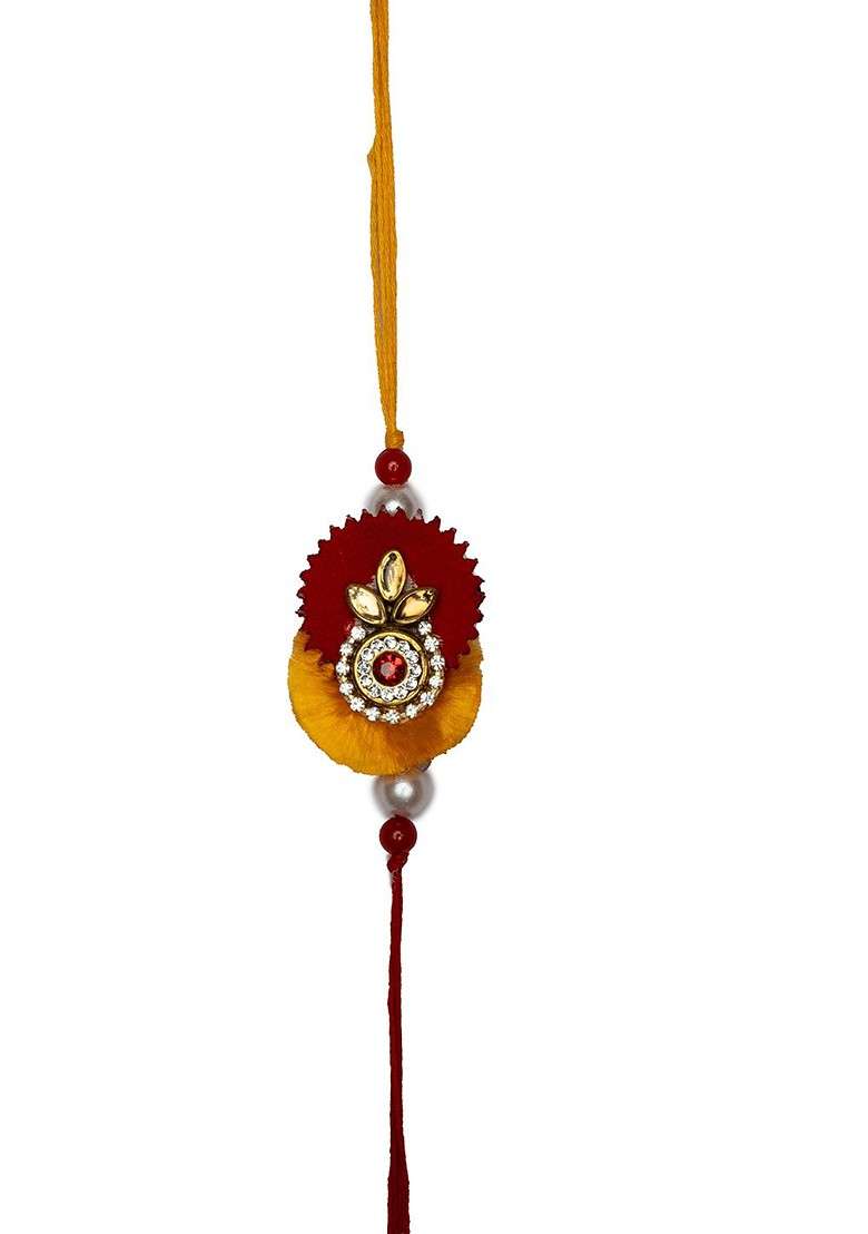 Set Of 2 Gold Plated Stone Studded Bhaiya Bhabhi Embellished Rakhi And Roli Chawal - Indya