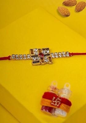 Gold Plated Stone Studded Satya Rakhi With Roli Chawal Gift Set