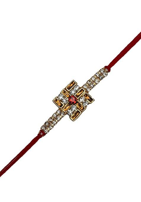 Gold Plated Stone Studded Satya Rakhi With Roli Chawal Gift Set