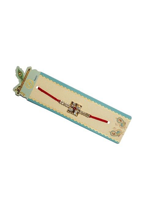 Gold Plated Stone Studded Satya Rakhi With Roli Chawal Gift Set