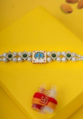 Gold Plated Square Shaped Pearl Thread Rakhi With Roli Chawal Gift Set