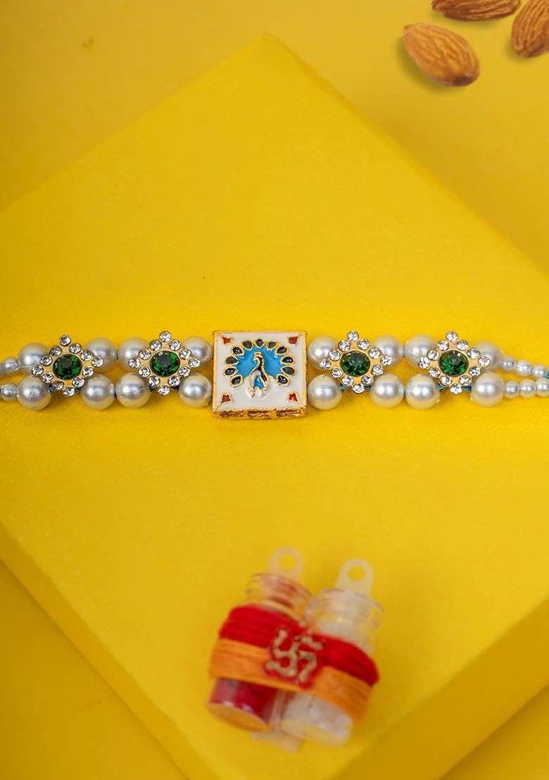 Gold Plated Square Shaped Pearl Thread Rakhi With Roli Chawal Gift Set - Indya