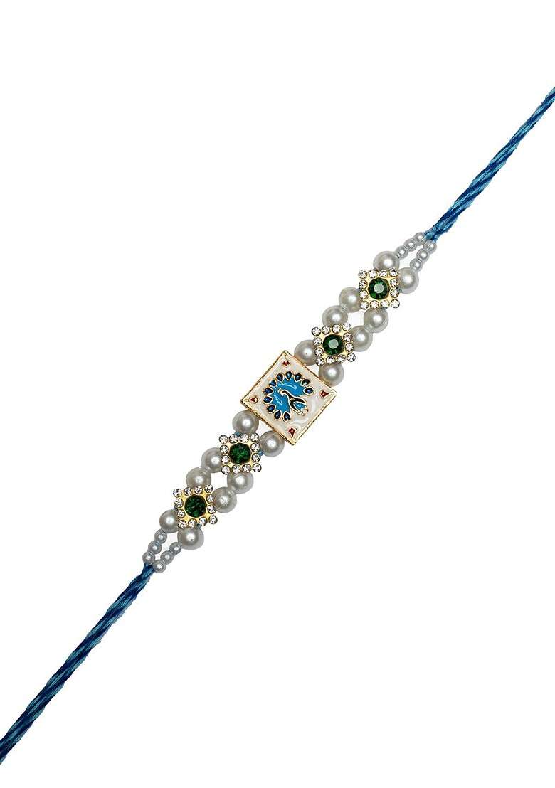 Gold Plated Square Shaped Pearl Thread Rakhi With Roli Chawal Gift Set - Indya