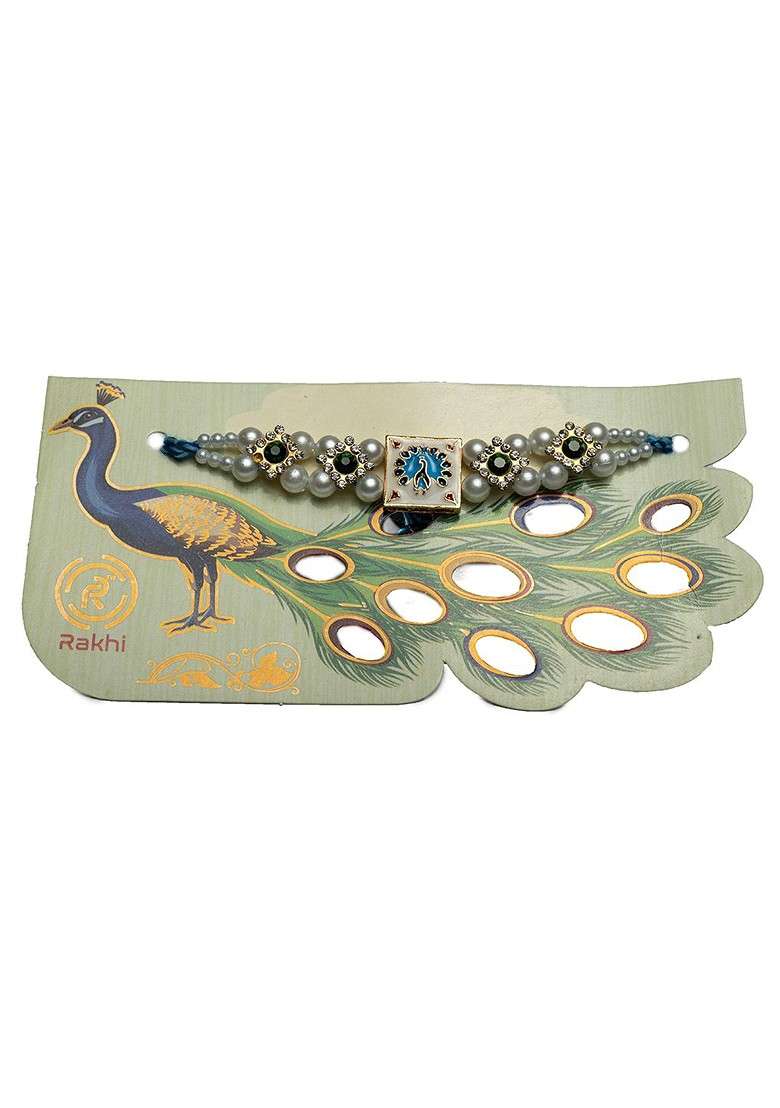 Gold Plated Square Shaped Pearl Thread Rakhi With Roli Chawal Gift Set - Indya
