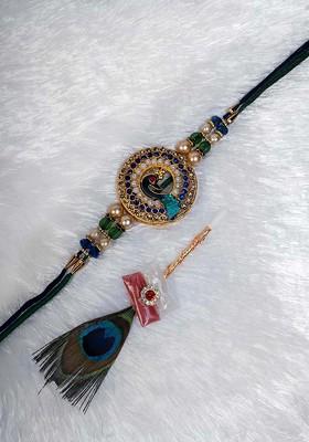 Men Gold Plated Peacock Stone Studded Thread Rakhi With Mor Pankh Stick Roli Chawal
