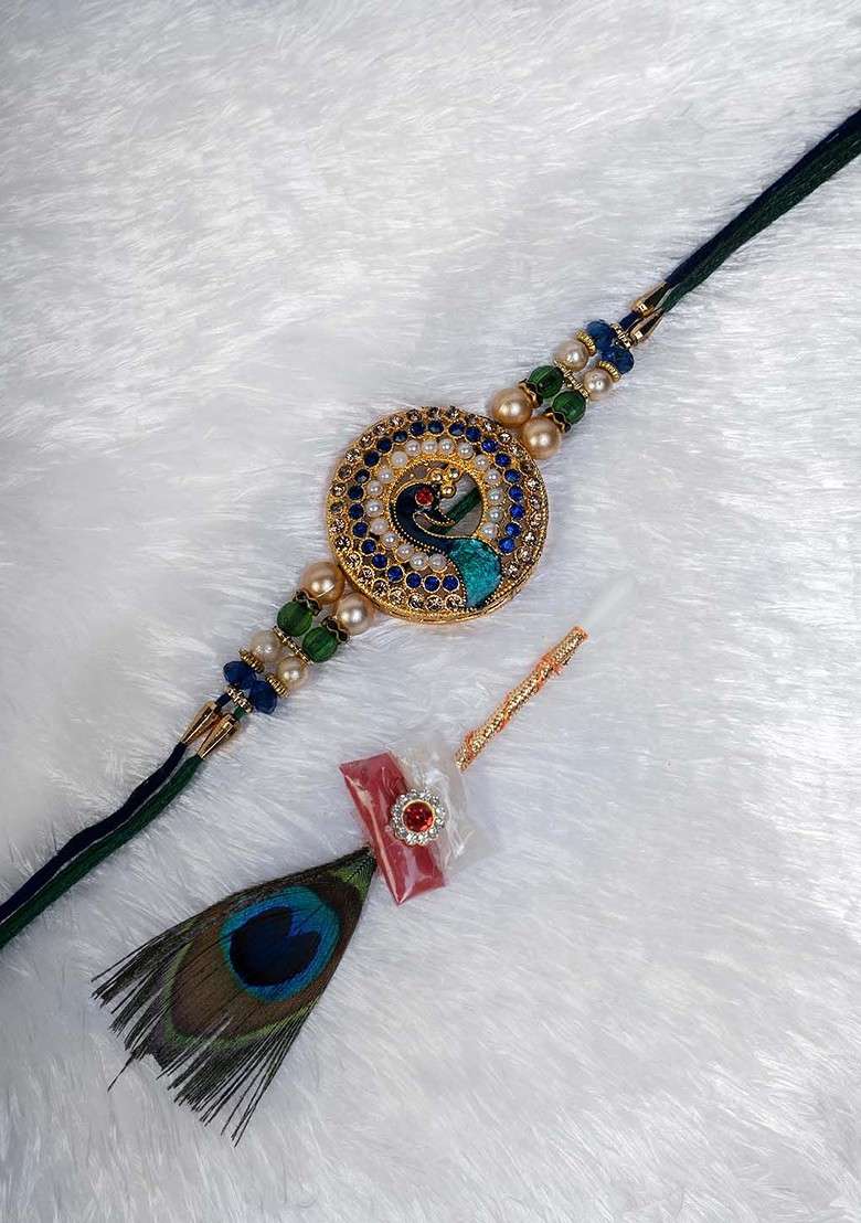 Men Gold Plated Peacock Stone Studded Thread Rakhi With Mor Pankh Stick Roli Chawal - Indya