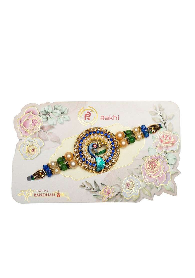 Men Gold Plated Peacock Stone Studded Thread Rakhi With Mor Pankh Stick Roli Chawal - Indya