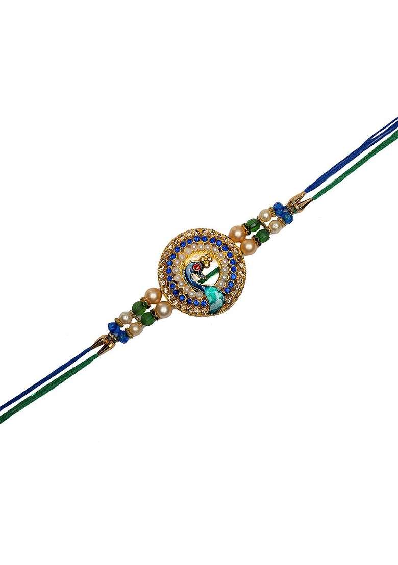 Men Gold Plated Peacock Stone Studded Thread Rakhi With Mor Pankh Stick Roli Chawal - Indya