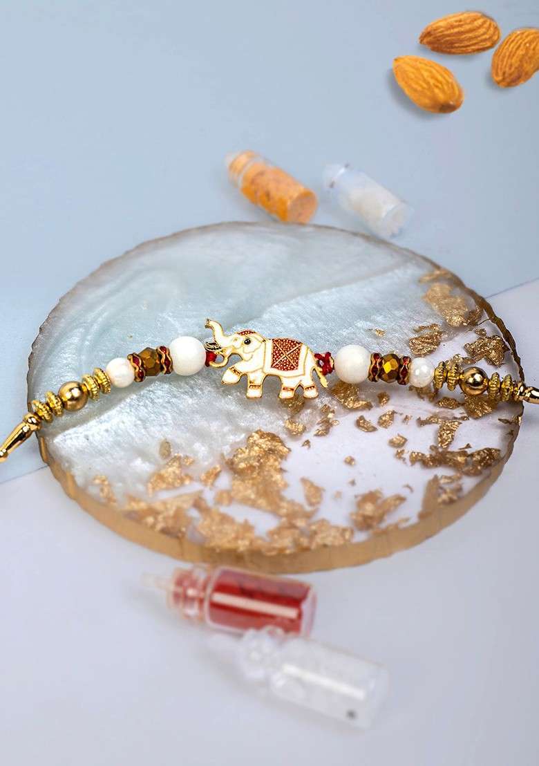 Men Gold Plated Elephant Shaped Thread Rakhi With Roli Chawal Gift Set - Indya