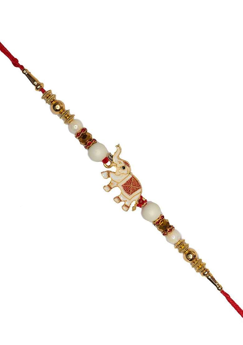 Men Gold Plated Elephant Shaped Thread Rakhi With Roli Chawal Gift Set - Indya