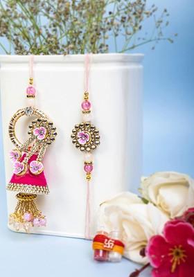 Unisex Set Of 2 Gold Plated Floral Bhaiya Bhabhi Embellished Rakhi With Roli Chawal