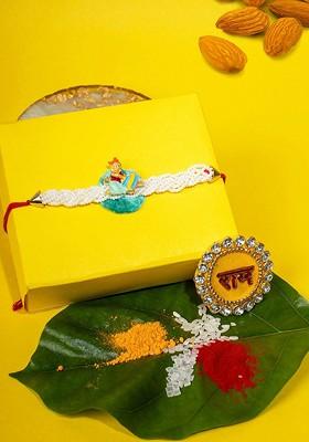 Men Gold Plated Krishna Thread Rakhi With Roli Chawal Gift Set