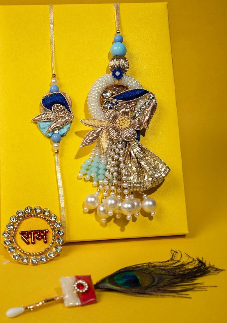 Unisex Set Of 2 Floral Stone Studded Bhaiya Bhabhi Rakhi Gift Set