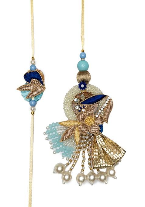 Unisex Set Of 2 Floral Stone Studded Bhaiya Bhabhi Rakhi Gift Set