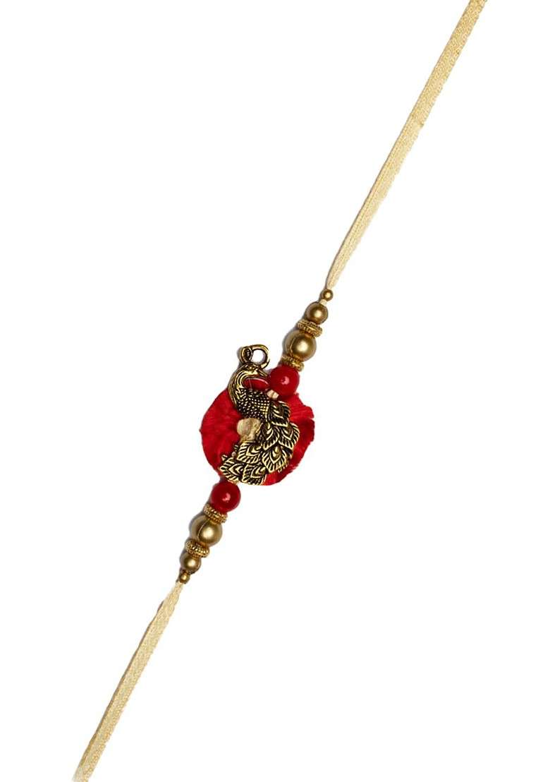 Unisex Set Of 2 Gold Plated Peacock Shaped Bhaiya Bhabhi Embellished Rakhi Gift Set - Indya