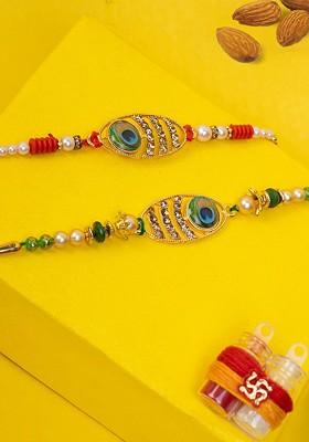 Men Set Of 2 Gold Plated Oval Shaped Stone Studded Thread Rakhi Gift Set