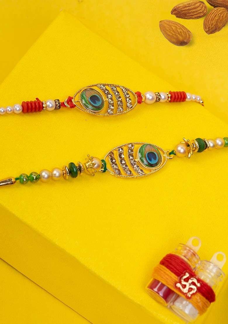 Men Set Of 2 Gold Plated Oval Shaped Stone Studded Thread Rakhi Gift Set - Indya