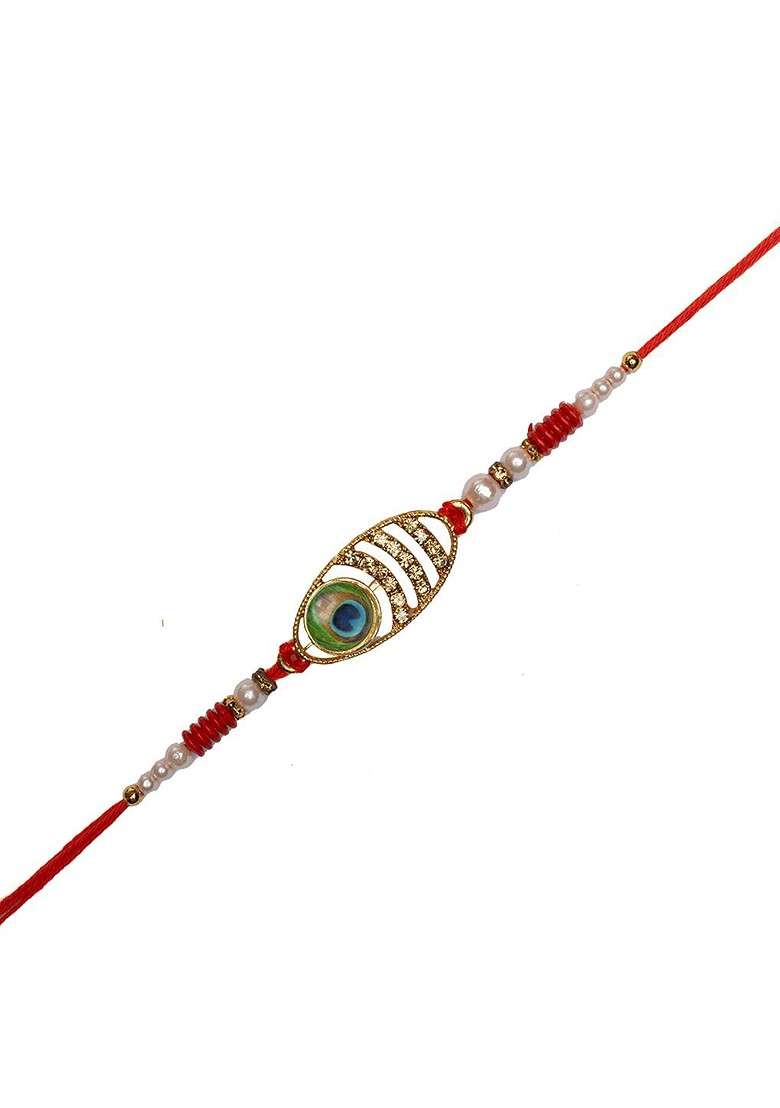 Men Set Of 2 Gold Plated Oval Shaped Stone Studded Thread Rakhi Gift Set - Indya