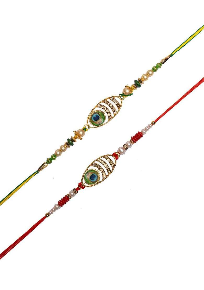 Men Set Of 2 Gold Plated Oval Shaped Stone Studded Thread Rakhi Gift Set - Indya