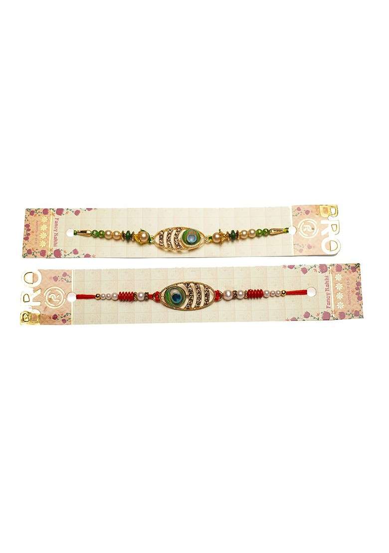 Men Set Of 2 Gold Plated Oval Shaped Stone Studded Thread Rakhi Gift Set - Indya