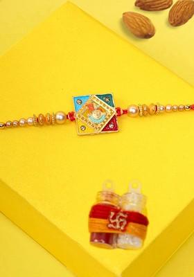 Gold Plated Square Shaped Krishna Thread Rakhi With Roli Chawal