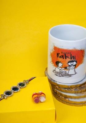 Gold Plated Stone Studded Rakhi With Mug And Roli Chawal