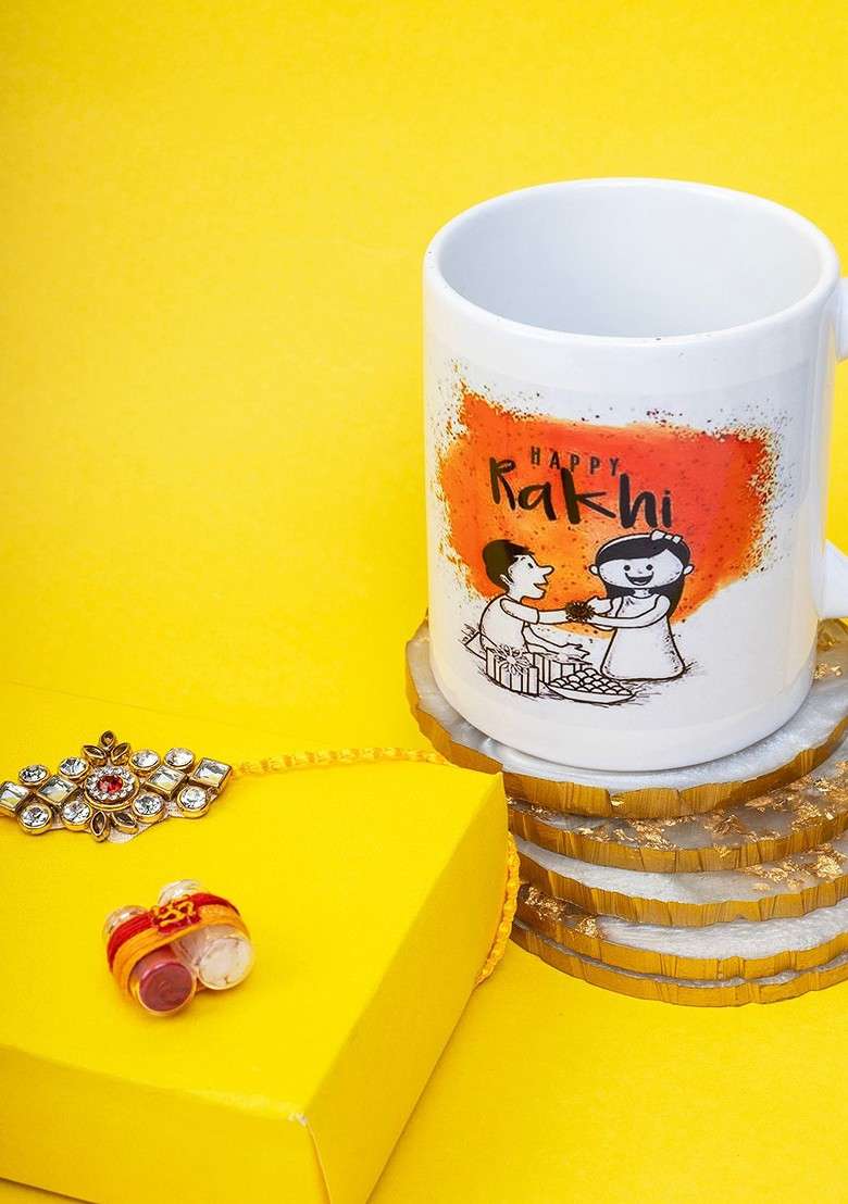 Gold Plated Stone Studded Rakhi With Roli Chawal And Mug Gift Set - Indya