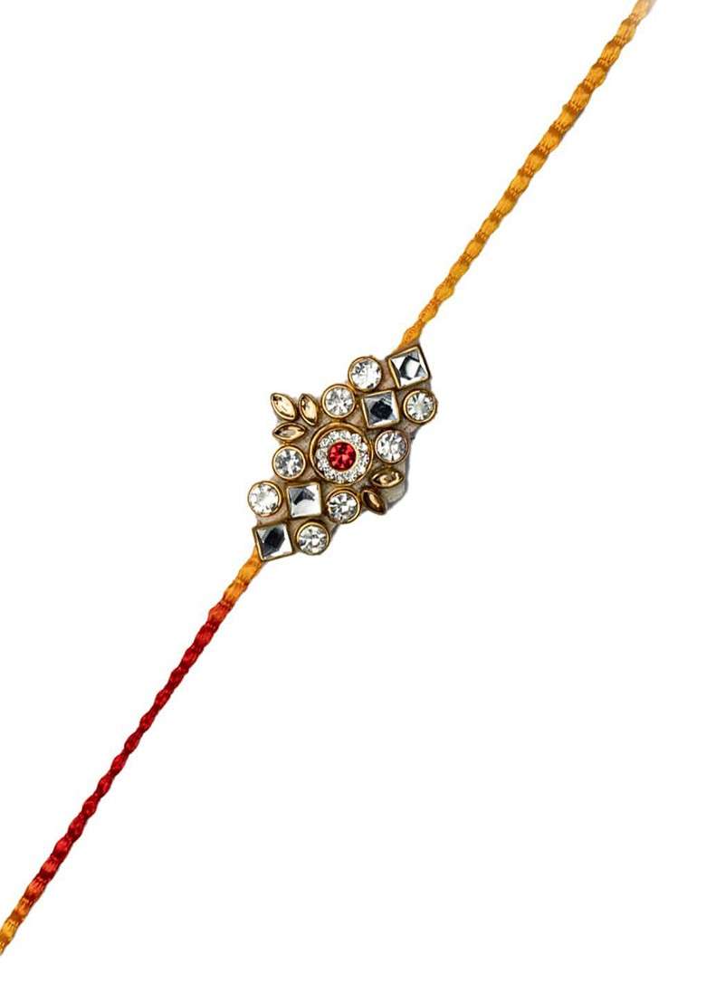 Gold Plated Stone Studded Rakhi With Roli Chawal And Mug Gift Set - Indya