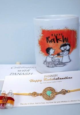 Gold Plated Circular Shaped Ganesh Ji Thread Rakhi With Mug And Roli Chawal