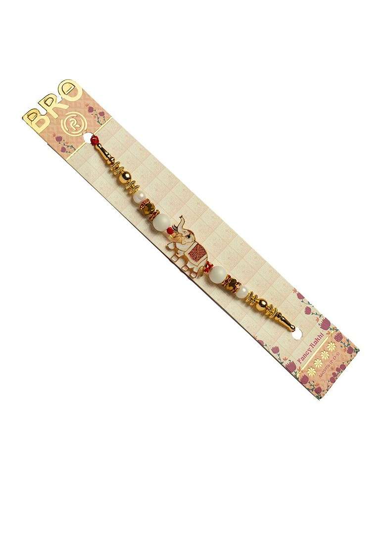 Gold Plated Elephant Charm Rakhi With Roli Chawal And Photo Frame Gift Set - Indya