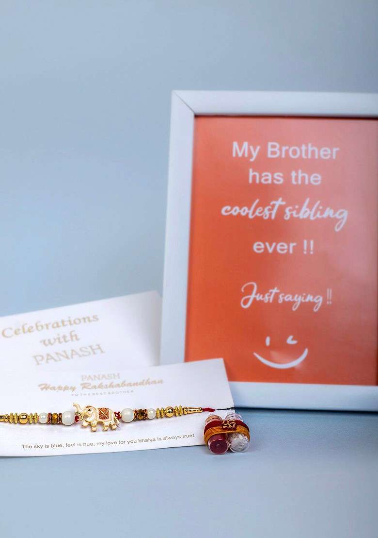 Gold Plated Elephant Charm Rakhi With Roli Chawal And Photo Frame Gift Set - Indya