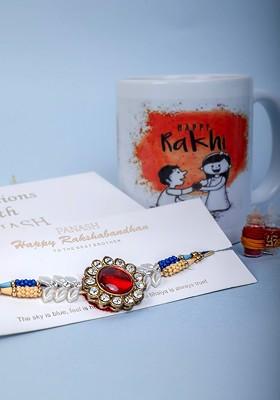 Gold Plated Stone Studded Rakhi With Roli Chawal And Mug Gift Set