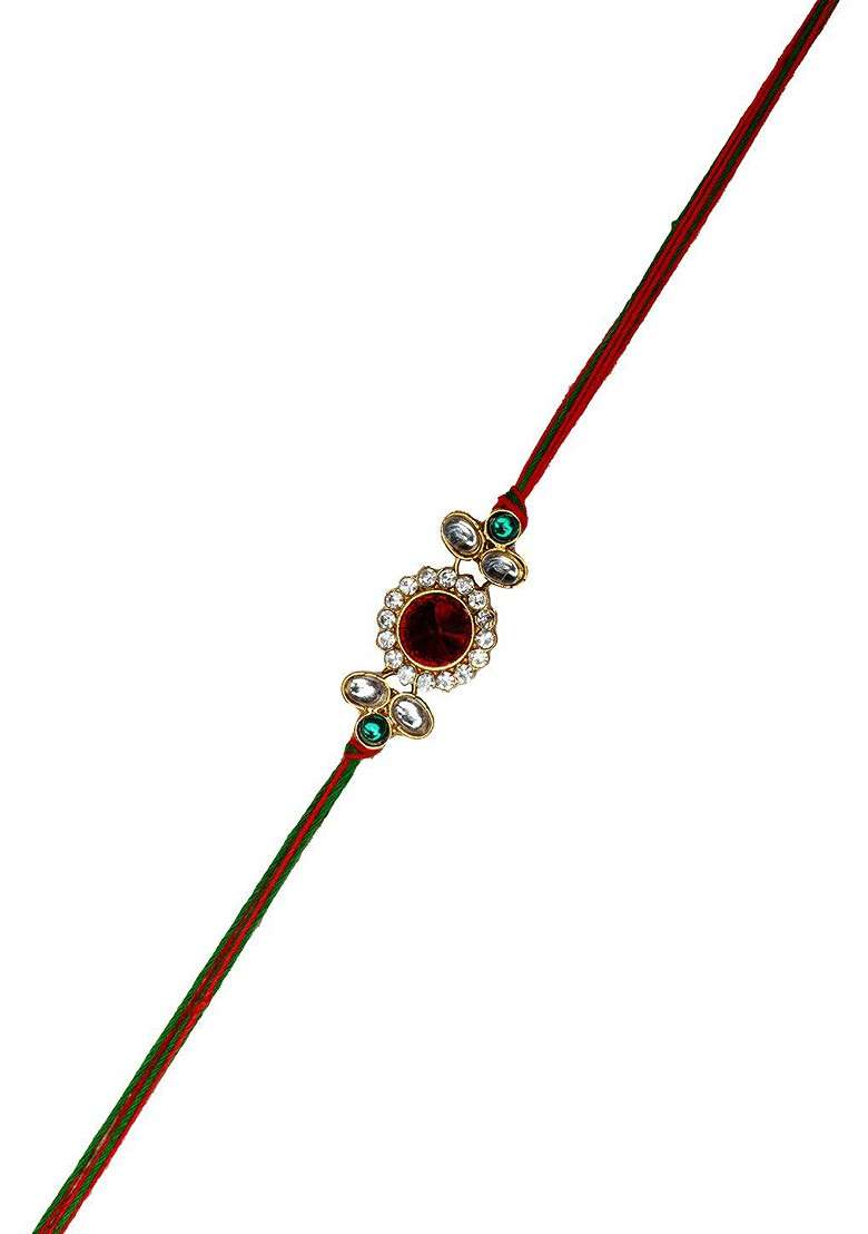 Set Of 3 Gold Plated Stone Studded Rakhi With Gift Stand And Roli Chawal - Indya