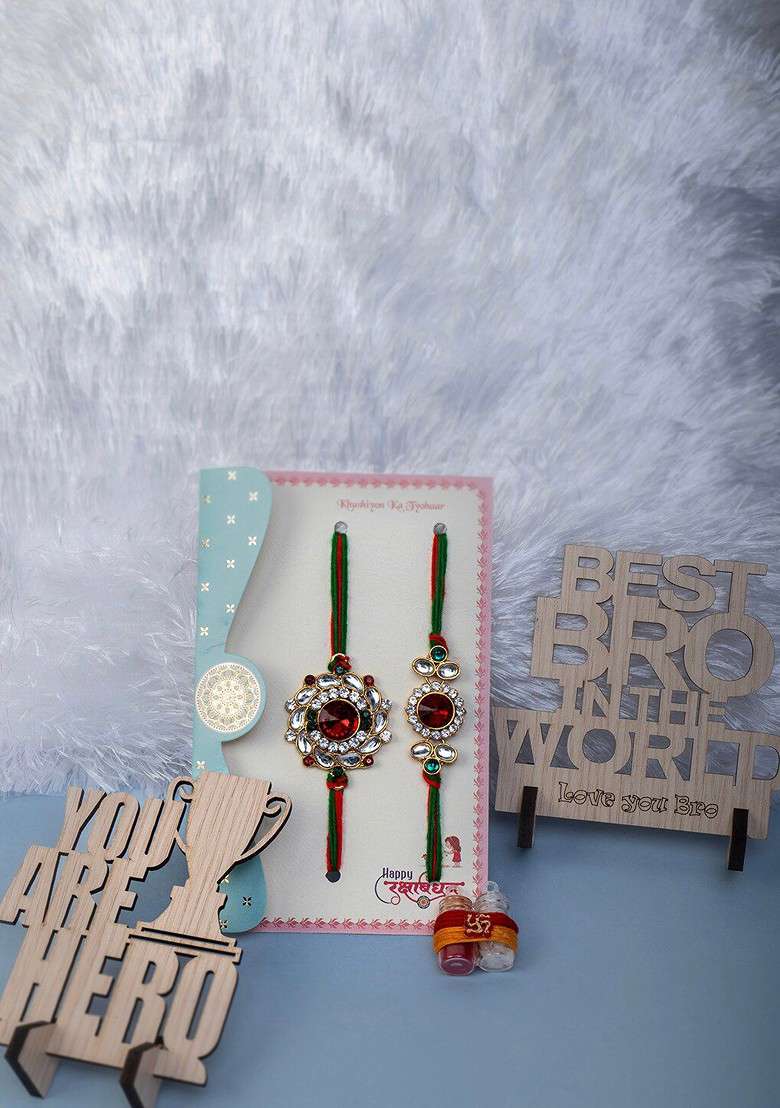 Set Of 3 Gold Plated Stone Studded Rakhi With Gift Stand And Roli Chawal - Indya
