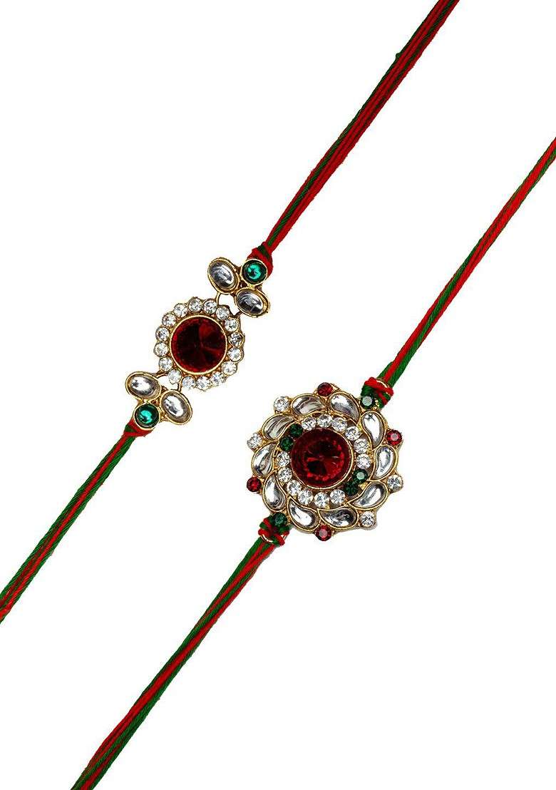 Set Of 3 Gold Plated Stone Studded Rakhi With Gift Stand And Roli Chawal - Indya